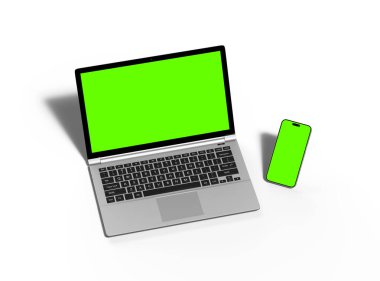 Diz üstü bilgisayar ve telefonun yeşil ekranlı üç boyutlu görüntüsü 