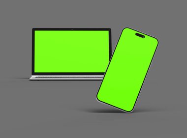 Koyu arkaplanda yeşil ekranlı dizüstü bilgisayar ve telefonun 3 boyutlu görüntüsü 