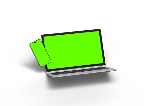 Render Van Laptop Telefoon Met Groen Scherm Een Lichte Achtergrond — Stockfoto