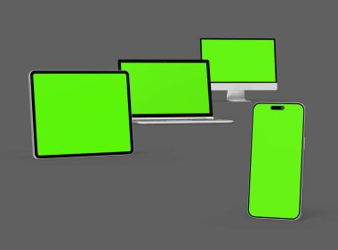 Koyu arkaplanda 3d masaüstü, dizüstü, akıllı telefon ve tablet çizimi 