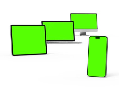 Açık arkaplanda 3d masaüstü, dizüstü, akıllı telefon ve tablet çizimi 