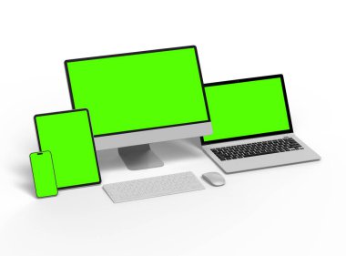 Açık arkaplanda 3d masaüstü, dizüstü, akıllı telefon ve tablet çizimi 