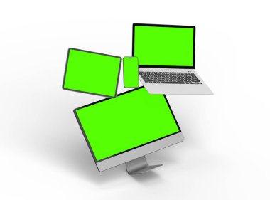 Açık arkaplanda 3d masaüstü, dizüstü, akıllı telefon ve tablet çizimi 