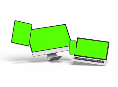 Açık arkaplanda 3d masaüstü, dizüstü, akıllı telefon ve tablet çizimi 