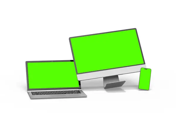 Render Van Desktop Laptop Smartphone Met Greenscreen Een Lichte Achtergrond — Stockfoto