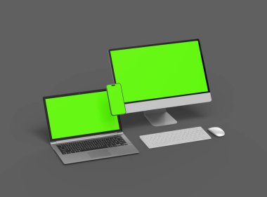 Koyu arkaplanda yeşil ekranlı masaüstü, dizüstü bilgisayar ve akıllı telefonun oluşturulmasıName 