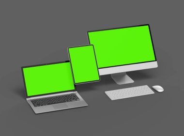 Koyu arkaplanda yeşil ekranlı 3d masaüstü, dizüstü ve tablet çizimi 