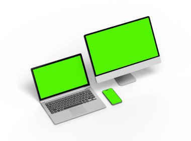 Açık arkaplanda yeşil ekranlı masaüstü, laptop ve akıllı telefonun oluşturulmasıName 