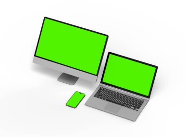 Açık arkaplanda yeşil ekranlı masaüstü, laptop ve akıllı telefonun oluşturulmasıName 