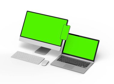 Açık arkaplanda yeşil ekranlı masaüstü, laptop ve akıllı telefonun oluşturulmasıName 