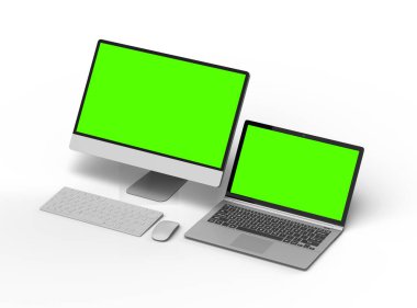 Açık arkaplanlı yeşil ekranlı 3d masaüstü ve dizüstü bilgisayarın görüntüsü 