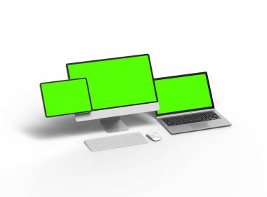 Açık arkaplanda yeşil ekranlı 3d masaüstü, dizüstü ve tablet çizimi 