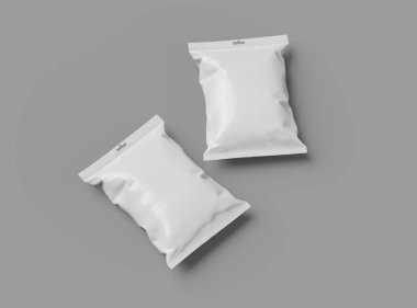 Gri arka planda yemek, cips, kurabiye, fıstık ve şeker için gerçekçi 3D paketler.