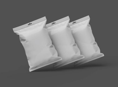 Gıda atıştırmalığı, cips, kurabiye, fıstık ve karanlık arka planda şeker için hazırlanmış gerçekçi 3D paket.