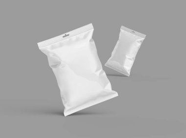 Atıştırmalıklar, cipsler, kurabiyeler, fıstıklar, hafif arka planda şekerler için hazırlanmış gerçekçi 3D paket.