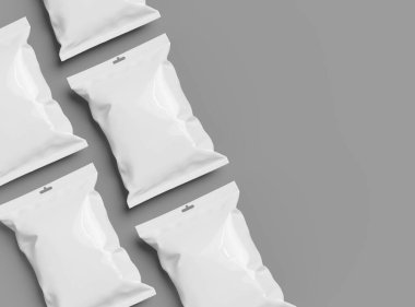 Atıştırmalıklar, cipsler, kurabiyeler, fıstıklar, hafif arka planda şekerler için hazırlanmış gerçekçi 3D paket.