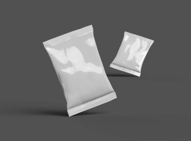 Atıştırmalıklar, cipsler, kurabiyeler, fıstıklar, arka planda şekerler için küçük paketin gerçekçi 3D görüntüsü