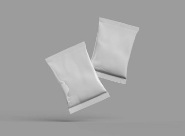 Atıştırmalıklar, cipsler, kurabiyeler, fıstıklar, gri arka planda şekerler için 3D gerçekçi bir sunum