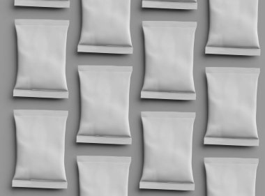 Atıştırmalıklar, cipsler, kurabiyeler, fıstıklar, gri arka planda şekerler için 3D gerçekçi bir sunum