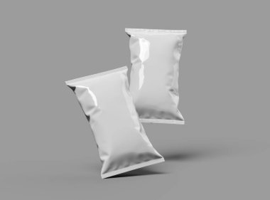 Gri bir arka planda yastıklı atıştırma paketinin 3B görüntüsü