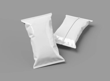 Gri bir arka planda yastıklı atıştırma paketinin 3B görüntüsü