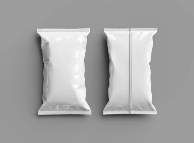 Gri bir arka planda yastıklı atıştırma paketinin 3B görüntüsü