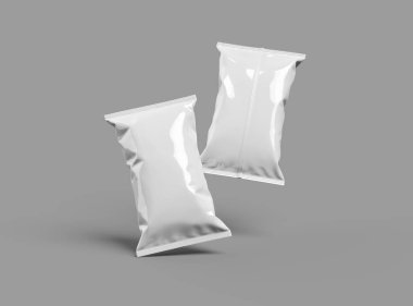 Gri bir arka planda yastıklı atıştırma paketinin 3B görüntüsü