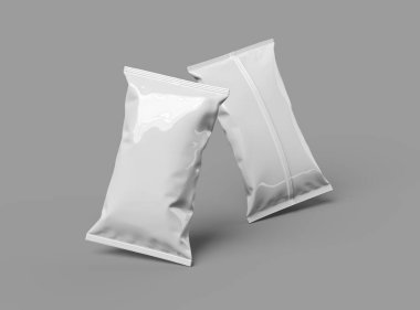 Gri bir arka planda yastıklı atıştırma paketinin 3B görüntüsü