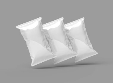 Gri bir arka planda yastıklı atıştırma paketinin 3B görüntüsü