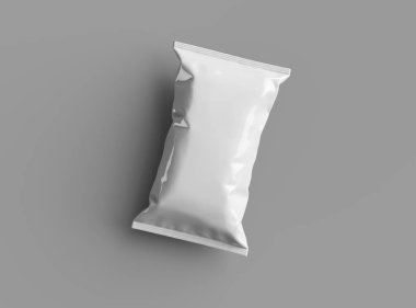 Gri bir arka planda yastıklı atıştırma paketinin 3B görüntüsü