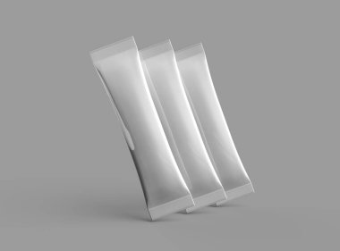 Gri arkaplandaki ürününüz için 3D parlak bir kese paketleme çubuğu