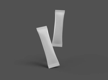 Ürününüz için koyu arkaplanda 3D parlak bir kese paketleme çubuğu