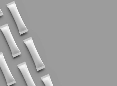 Gri arkaplandaki ürününüz için 3D parlak bir kese paketleme çubuğu