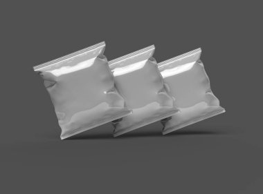 Kare bir polietilen çanta için ambalaj şablonu koyu bir arka planda yiyecek için. 3d hazırlayıcı