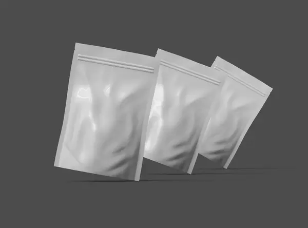 Stock image 3D render of  a glossy generic, sealed doypack packaging with a zipper on a dark background