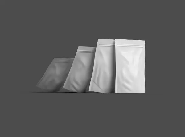 stock image 3D render of  a glossy generic, sealed doypack packaging with a zipper on a dark background