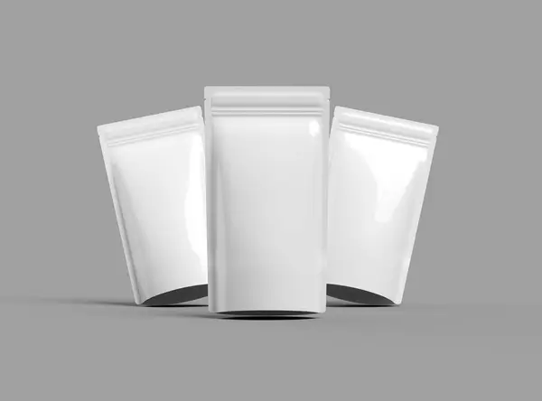 stock image 3D render of a glossy generic, narrow doypack packaging with a zipper on a light background