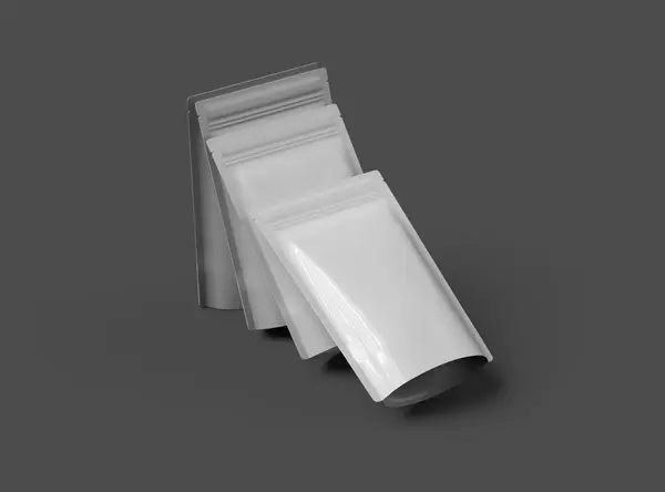 stock image 3D render of a glossy sealed doypack packaging with a zipper on a dark background