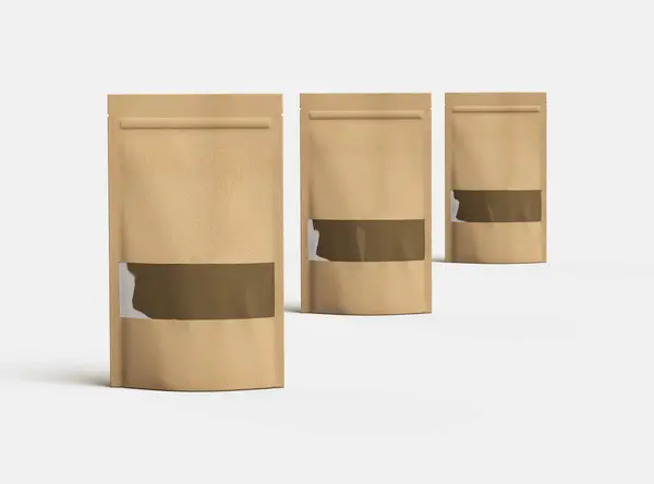 stock image Render of a long paper doypack with the window hole on a light background 