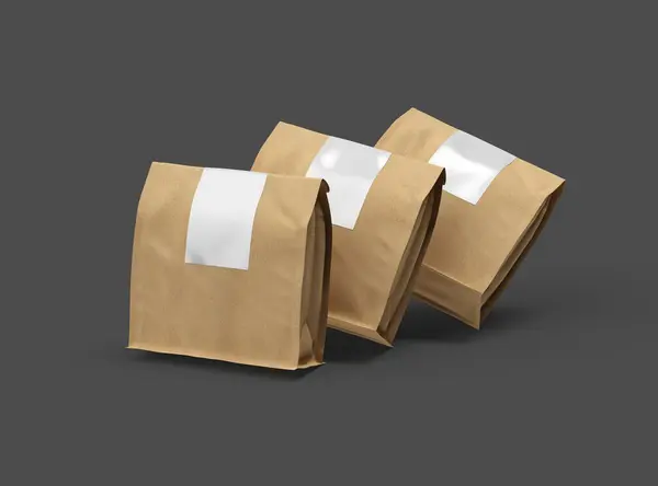 stock image  Rendered mockup for a square paper bag with folded top and label on a dark background