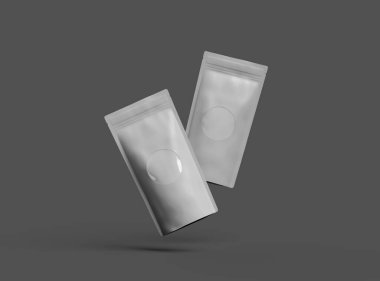 Koyu arkaplan üzerinde şeffaf bir penceresi olan üç boyutlu parlak mühürlü bir stand-up çantasının resmi