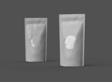 Koyu arkaplan üzerinde şeffaf bir penceresi olan üç boyutlu parlak mühürlü bir stand-up çantasının resmi