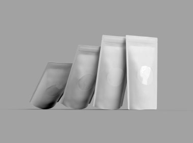 Açık arkaplan üzerinde şeffaf bir penceresi olan parıltılı bir stand-up çantasının 3D görüntüsü