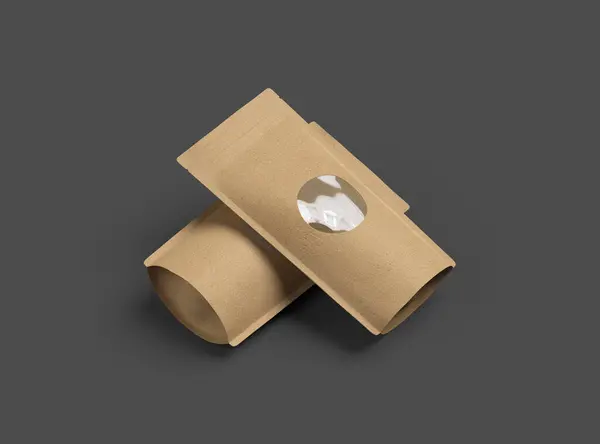 stock image 3D rendered image of a paper stand-up pouch with a transparent window on dark background