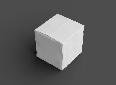 Rendered image of a small white cubic dented box on a dark background 