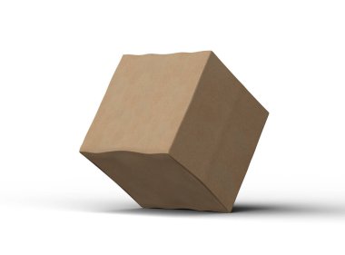 Açık arkaplanda göçükler olan küçük bir kübik karton kutunun oluşturulmuş resmi 