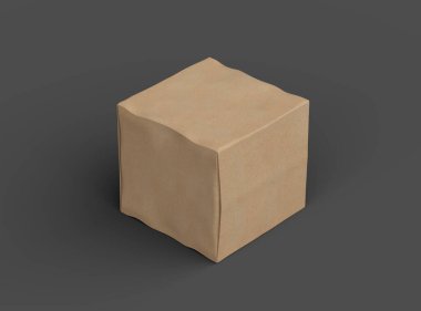 Koyu arkaplanda göçükler olan küçük bir küp karton kutunun oluşturulmuş resmi 