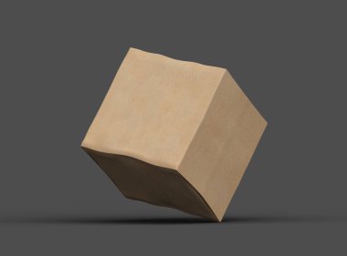 Koyu arkaplanda göçükler olan küçük bir küp karton kutunun oluşturulmuş resmi 