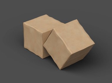 Koyu arkaplanda göçükler olan küçük bir küp karton kutunun oluşturulmuş resmi 