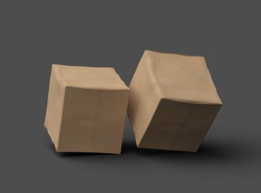 Koyu arkaplanda göçükler olan küçük bir küp karton kutunun oluşturulmuş resmi 